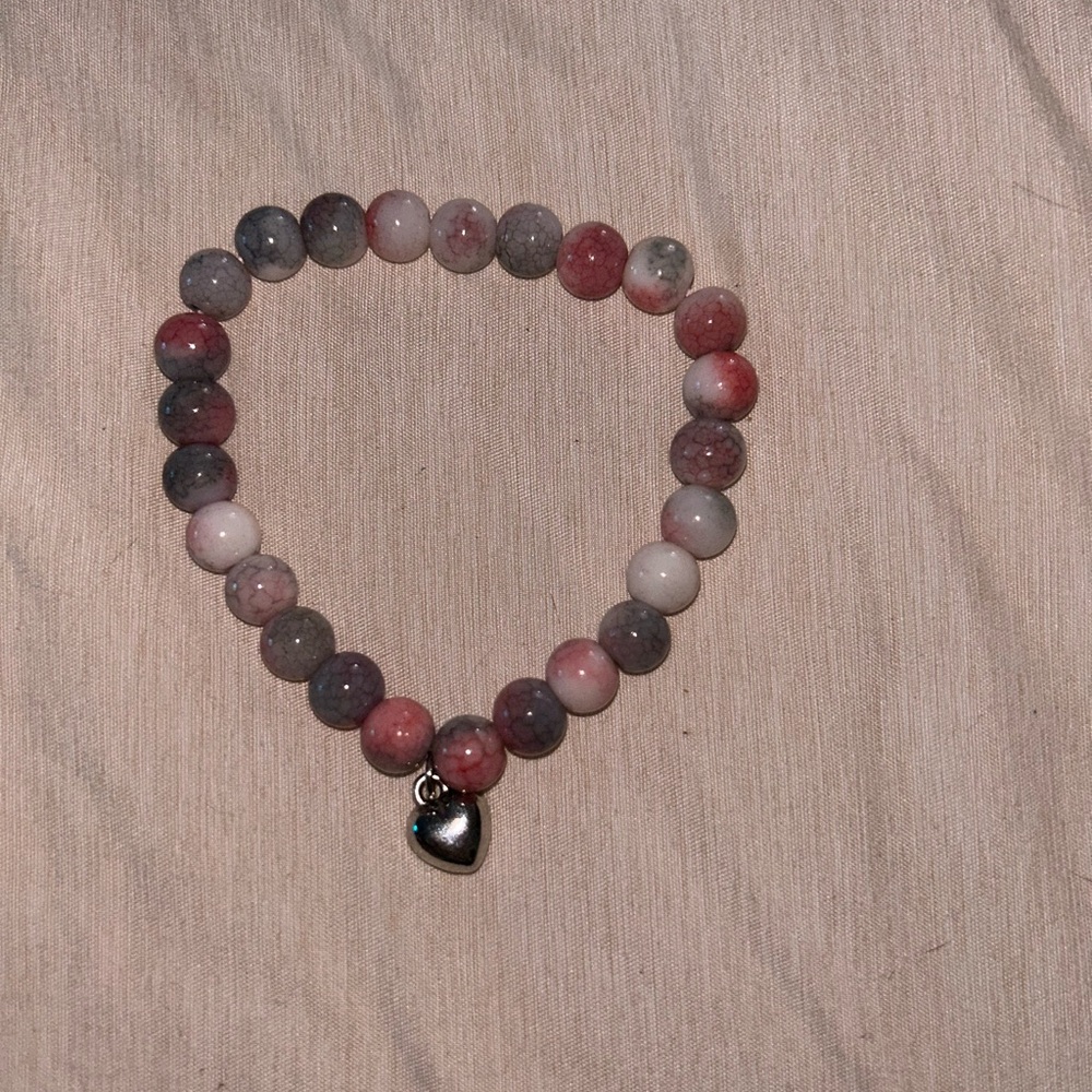 Pink and Gray Beaded Bracelet with Heart Charm